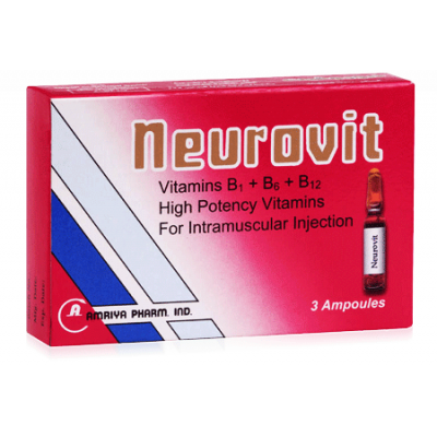 Neurovit ( Vitamins B1 150 mg + B6 100 mg + B12 1 mg ) 3 intramascular ampoules